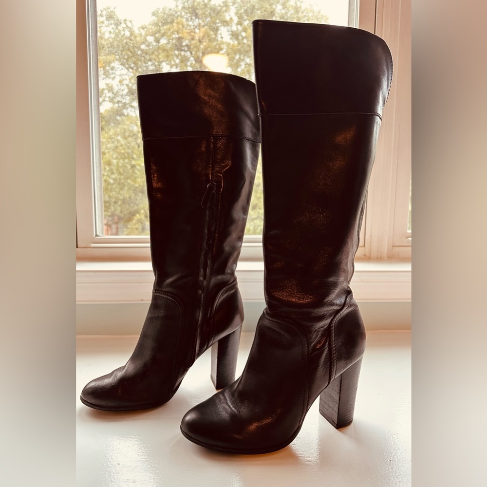 Halogen Black Leather Tall Boots - great shape. Carmel color inside w/ side zip.